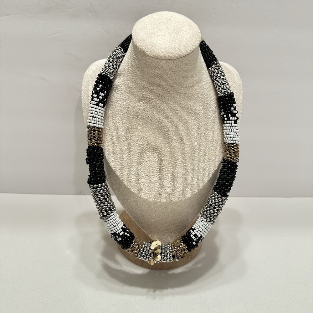 Chico's "Farrah" Black/Gold/White/Silver Beaded‎ Chain Mixed Media Necklace - Picture 2 of 7